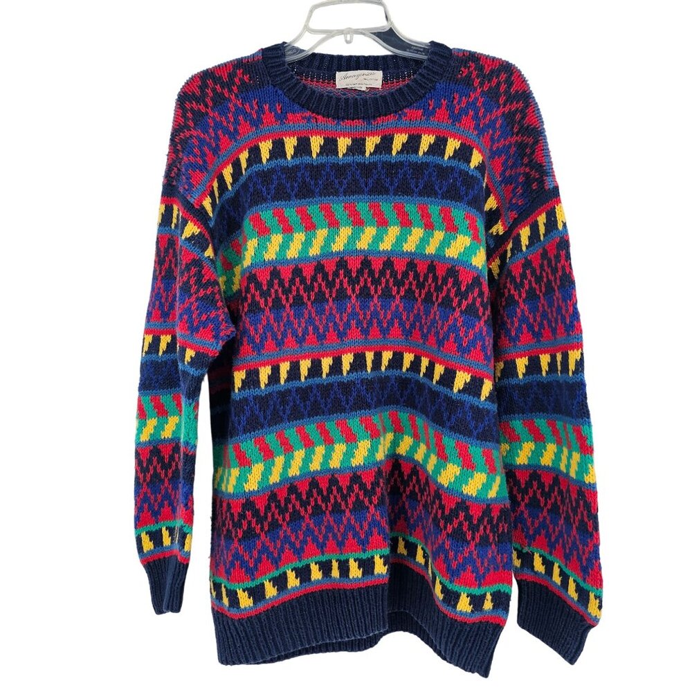 Vintage 80s Hand Knit Chunky Crewneck Sweater‎ L Colorful Retro Artsy Peruvian